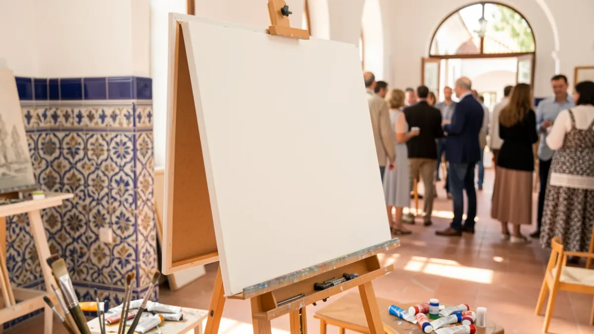 Generic image of an art studio with a blank canvas and painting materials.