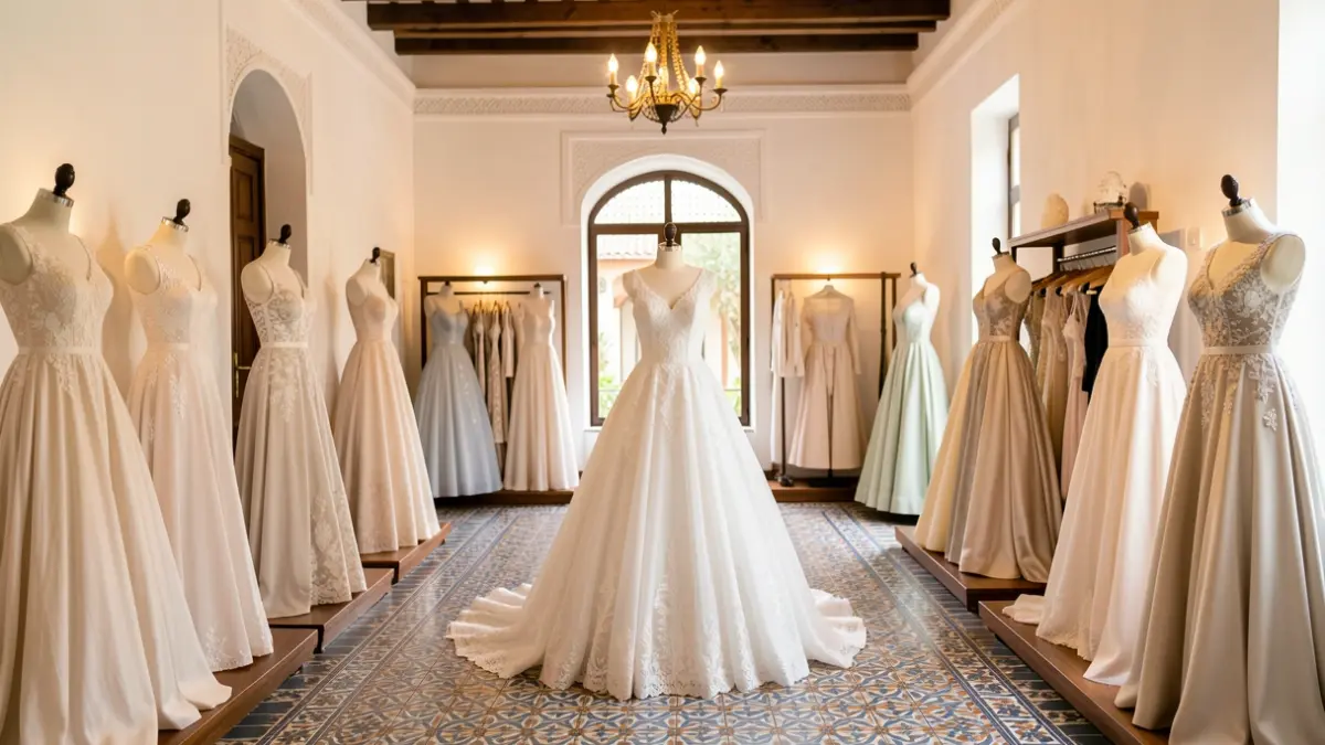 Interior of a bridal fashion boutique in Andalusia with dresses on display.
