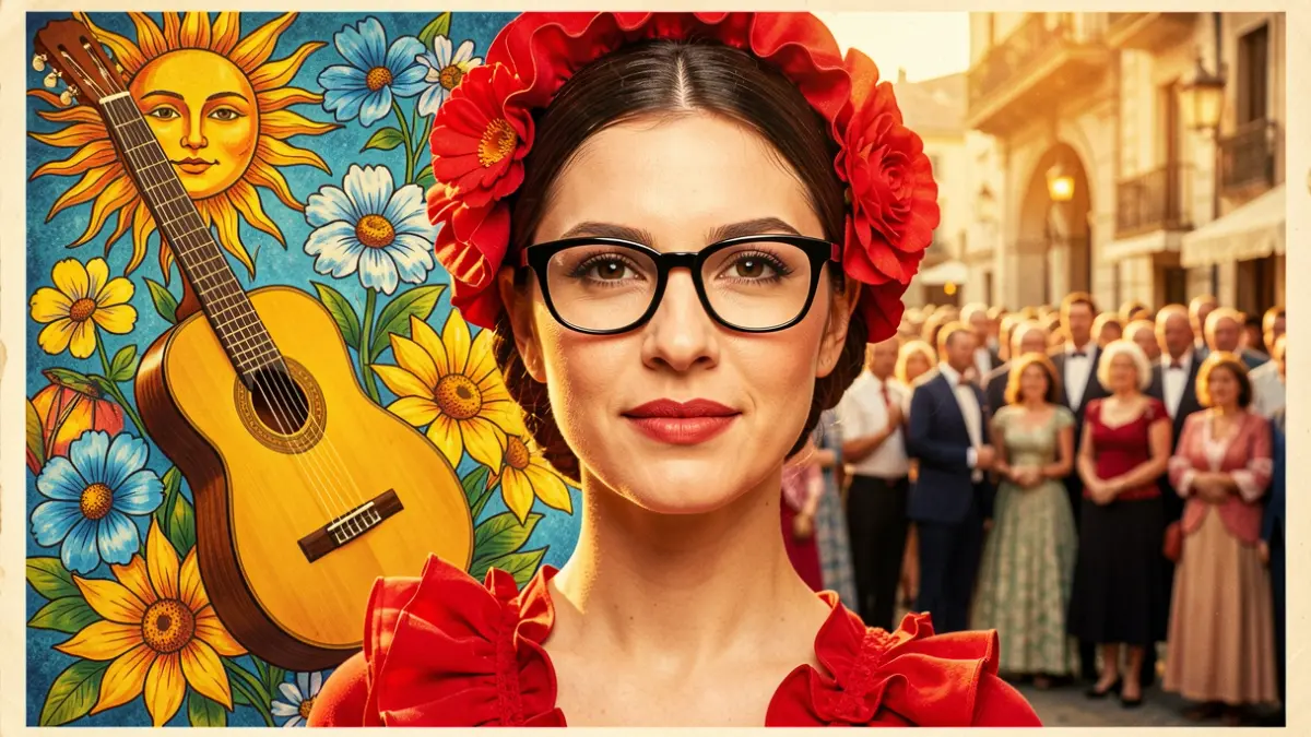 Primer plano del rostro de una flamenca con gafas negras, vestida con traje rojo y flores, sobre un fondo de collage vibrante.