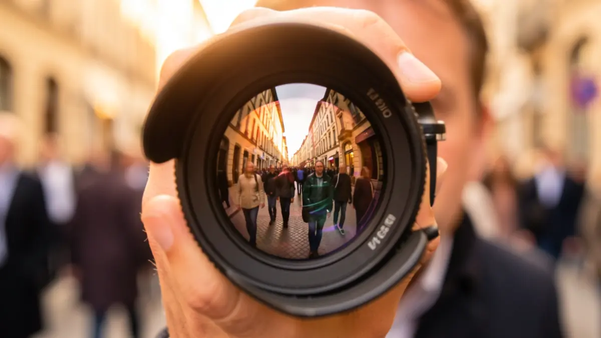 Close-up of a camera lens reflecting a street scene in a person's eye, symbolizing observation and perspective.