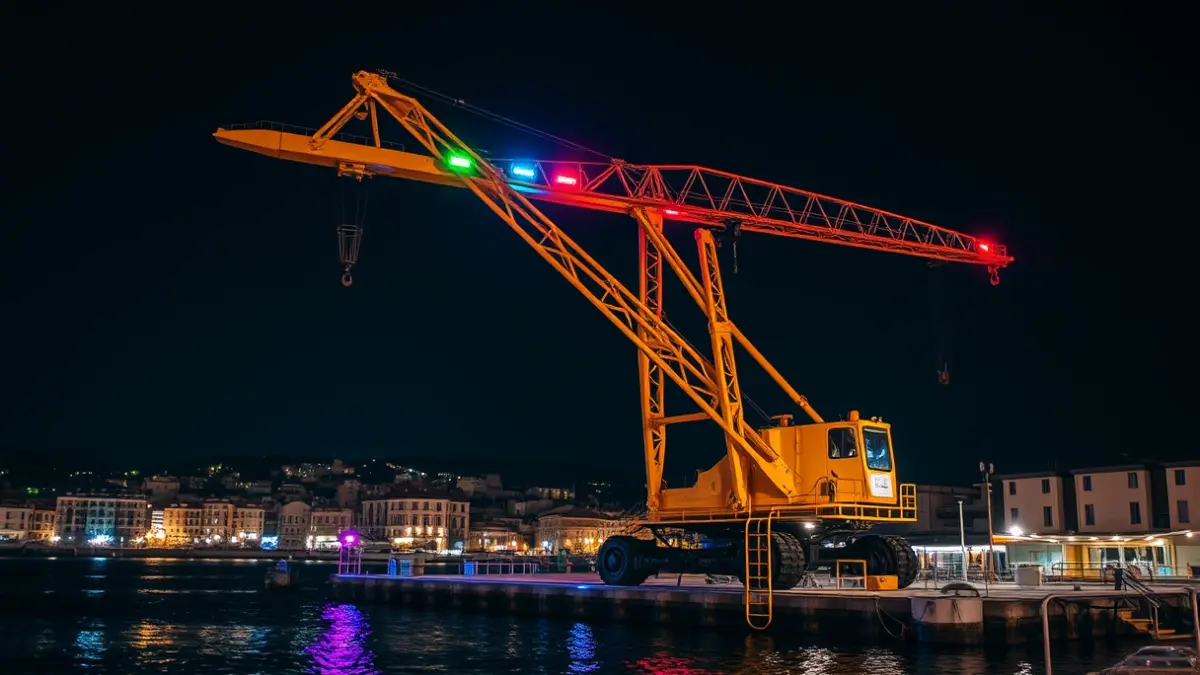 Image of Almería's historic yellow crane illuminated at night.