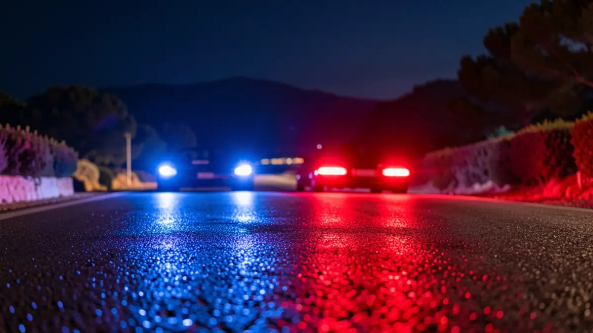 Imagen genérica de luces de emergencia policiales reflejadas en el asfalto durante una operación nocturna.