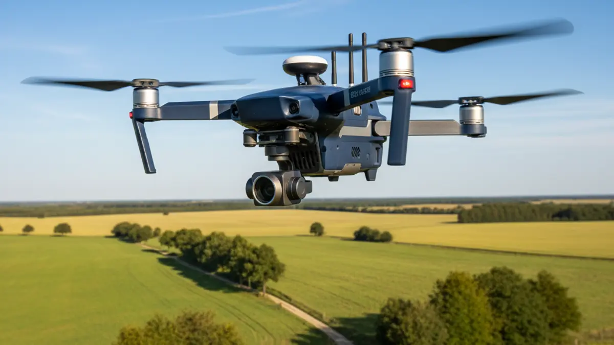 Generic image of a police drone flying over a rural landscape.