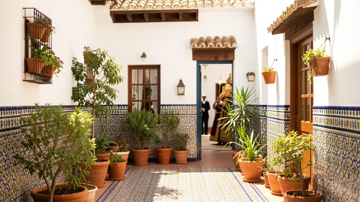 Imagen genérica de un patio andaluz con azulejos y plantas, con una figura religiosa borrosa al fondo.
