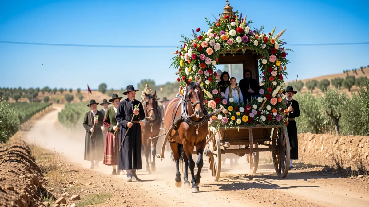 Imagen genérica de una romería andaluza con carruaje y devoción.