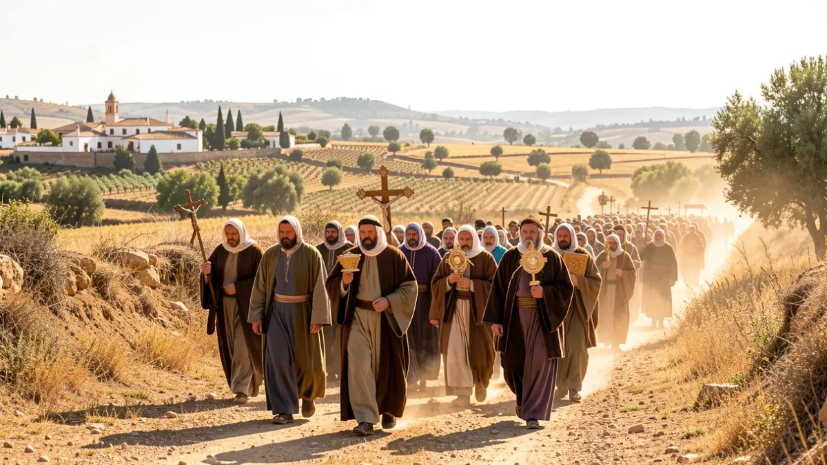 Imagen genérica de una romería rociera con peregrinos caminando por un sendero en Andalucía.