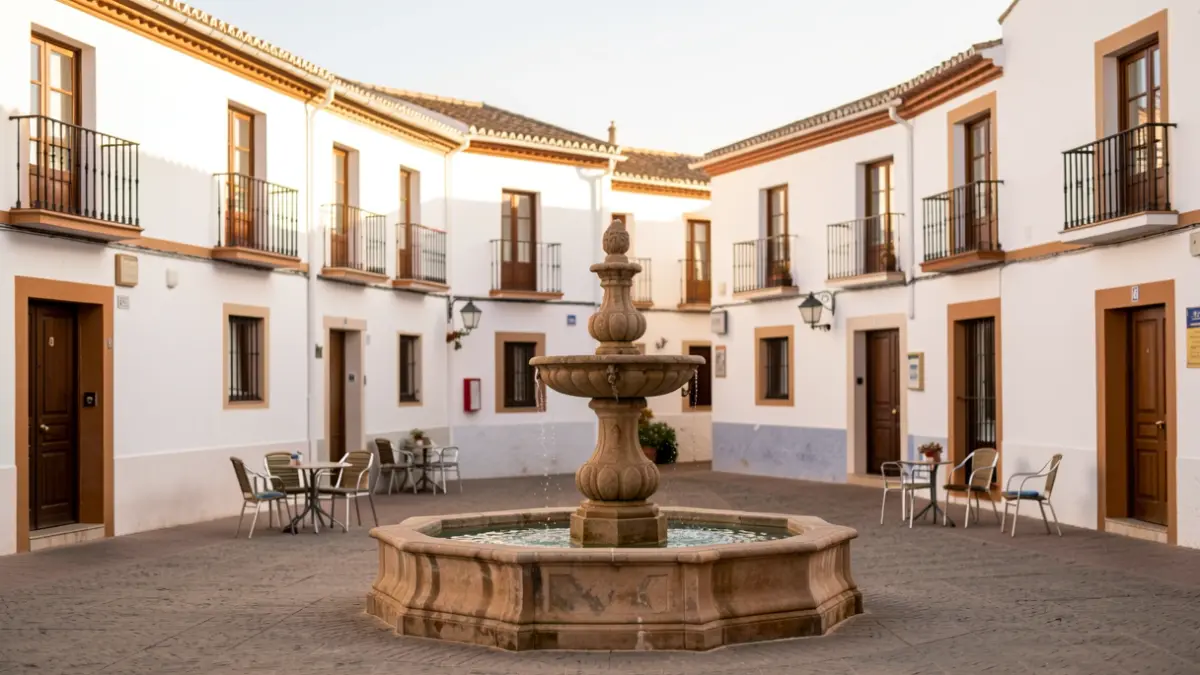 Generic image of a traditional Andalusian square with white buildings and a fountain.