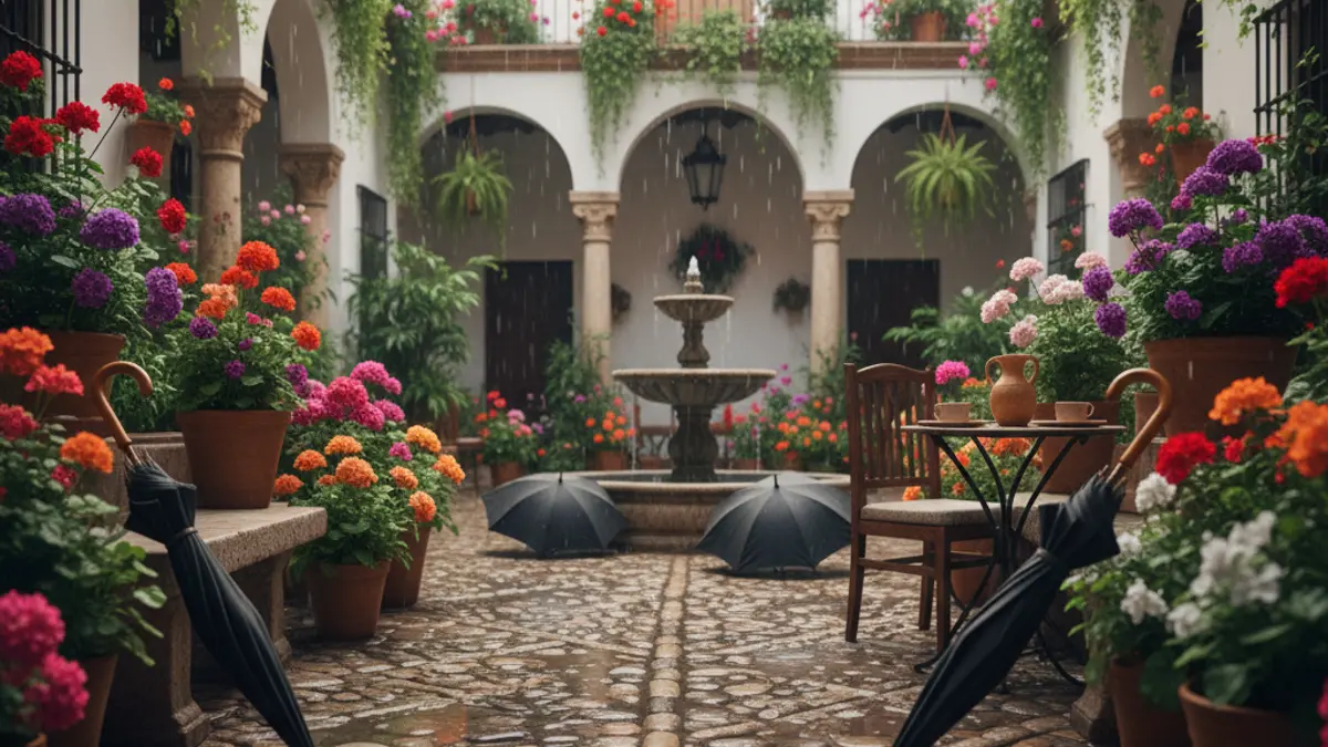 Imagen de un patio cordobés con flores y suelo mojado por la lluvia.
