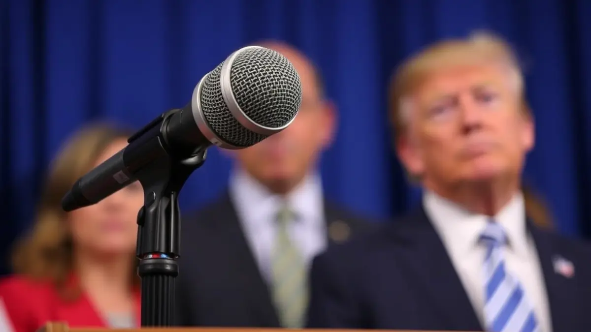 Generic image of a microphone on a podium, symbolizing a political speech or press conference.
