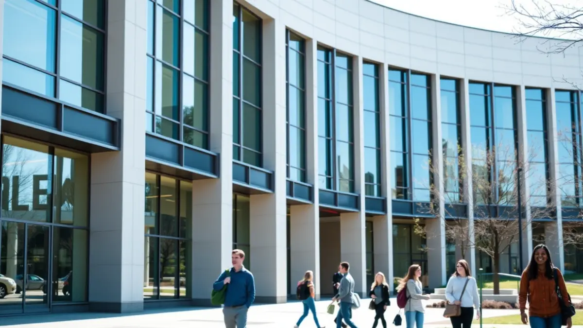 Imagen genérica de un campus universitario moderno con estudiantes.