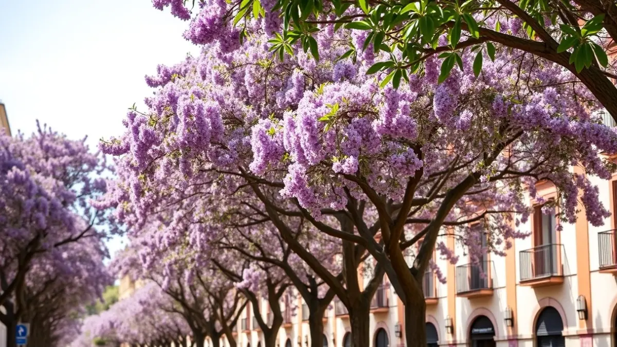 Imagen de jacarandas en flor en una calle de Sevilla.
