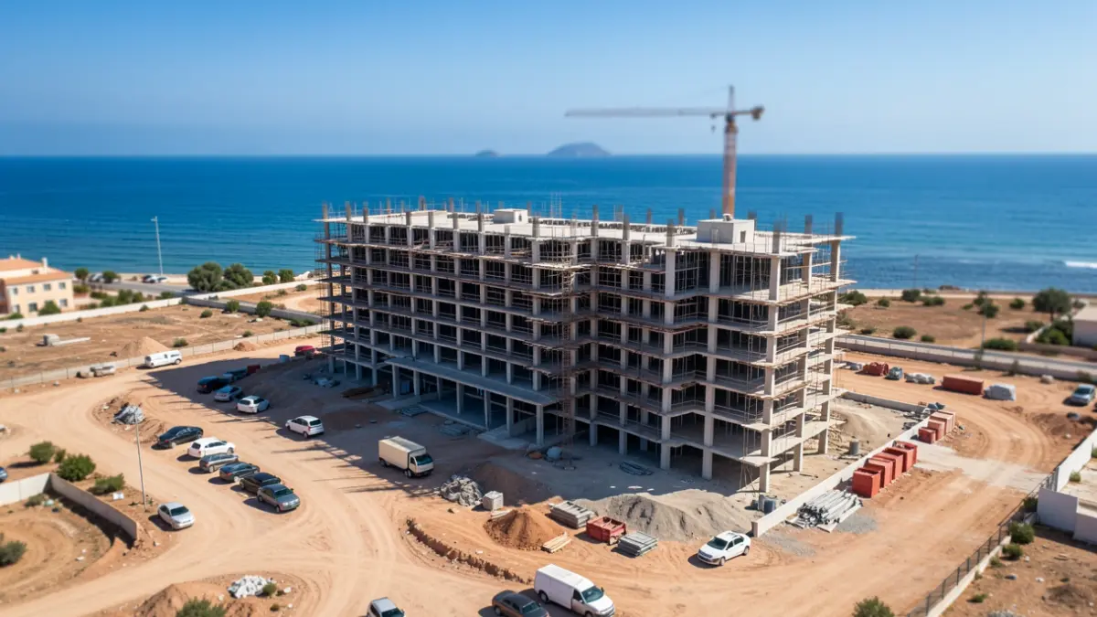 Vista aérea del hotel inacabado en El Algarrobico, Almería, con el mar Mediterráneo al fondo.
