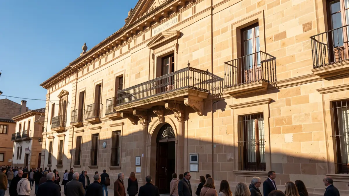 Fachada de un ayuntamiento andaluz con balcón y barandillas de hierro, luz de sol de la tarde.