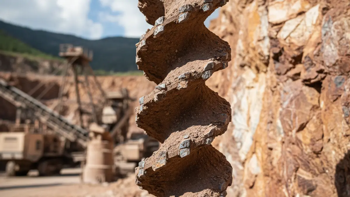 Generic image of a mining drill bit on mineral rock, with blurred industrial machinery in the background.
