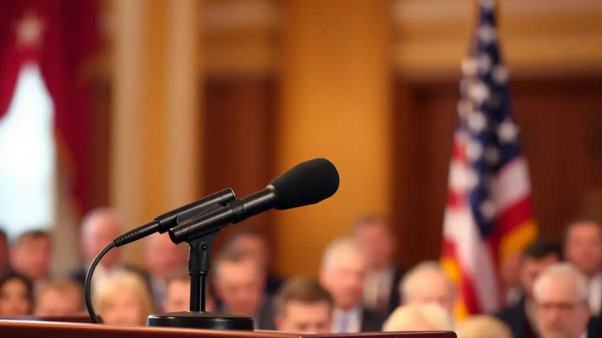 Generic image of a microphone on a podium during a political event.