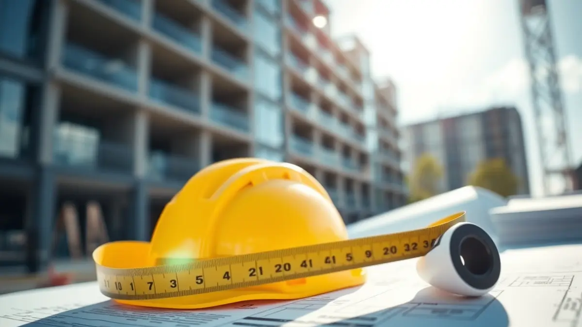 Imagen genérica de un plano de construcción con un casco de seguridad y cinta métrica.
