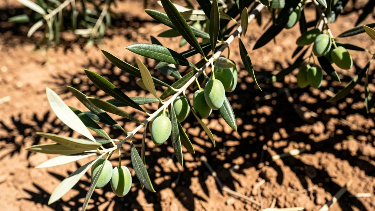 Ramas de olivo con aceitunas inmaduras bajo el sol intenso, simbolizando las dificultades del campo andaluz.
