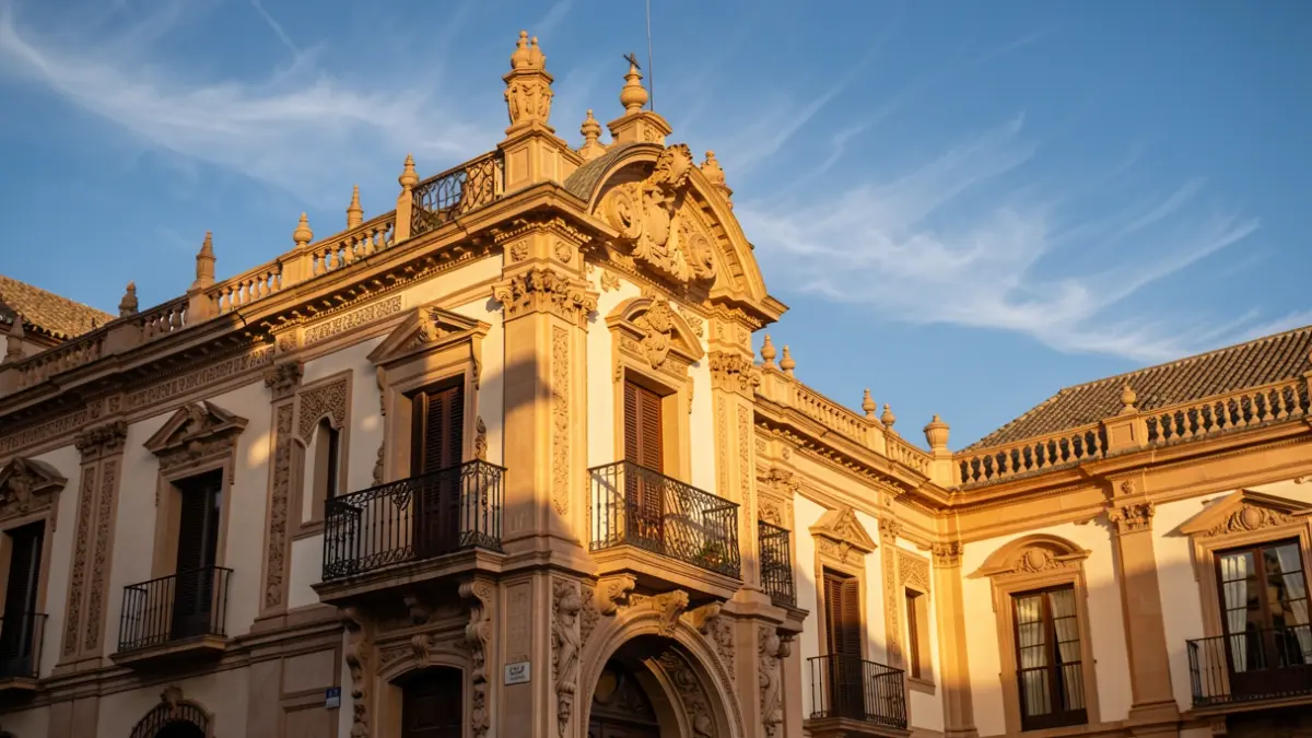 Fachada de un edificio histórico en Sevilla con detalles arquitectónicos.