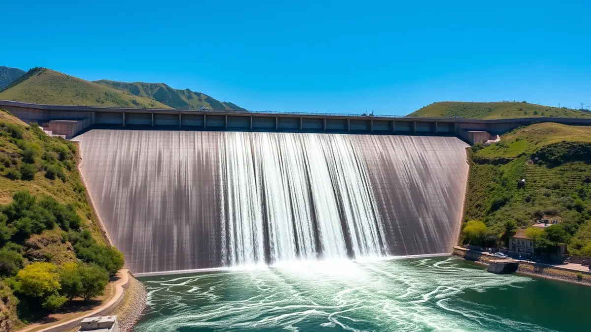 Image of a dam with water overflowing, surrounded by green hills under a blue sky.