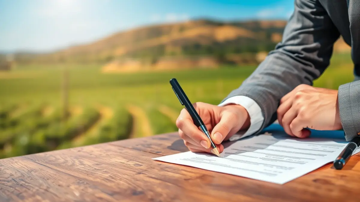 Imagen genérica de manos firmando documentos, con un fondo rural andaluz.