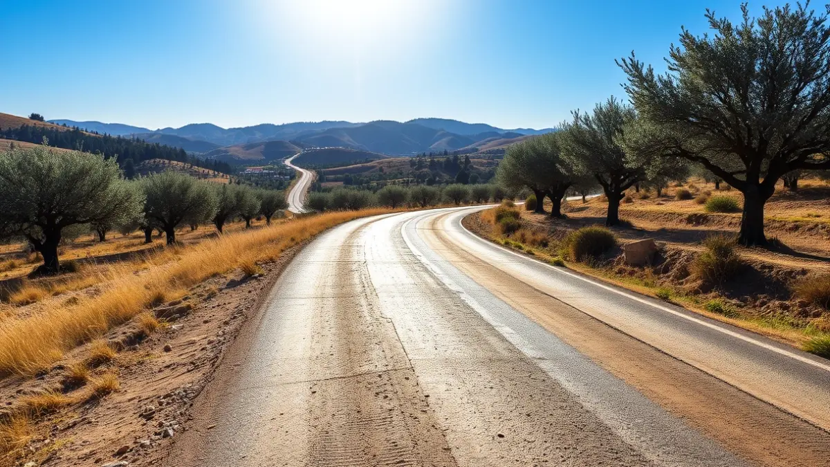 Image of an improved rural road in the province of Jaén, showing drainage works and a new road surface.