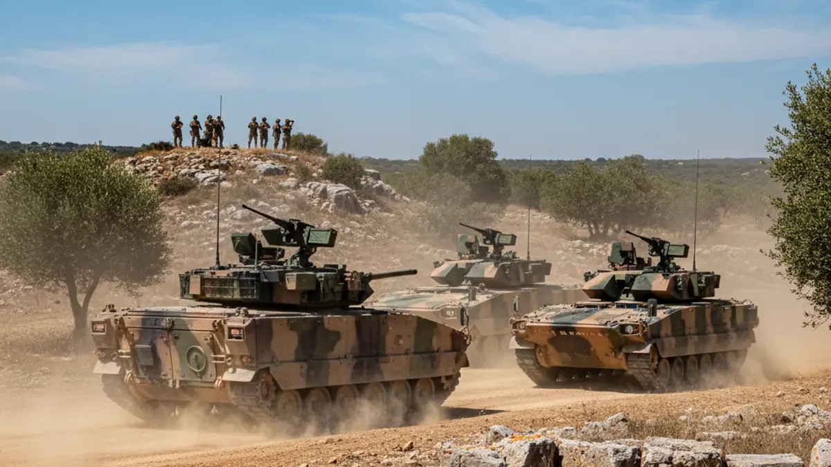Image of military vehicles with remote combat systems on a training ground.