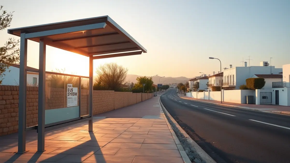 Generic image of a bus stop in an Andalusian village at dawn.