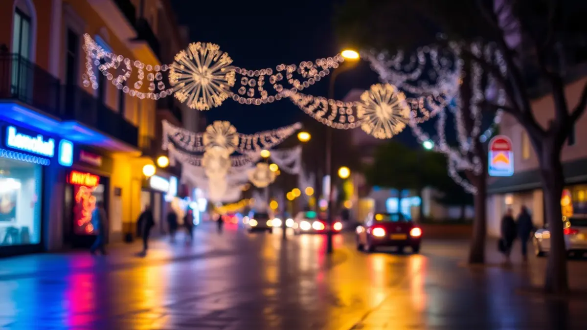 Generic image of a festive street with lights and rain, reflecting meteorological uncertainty.