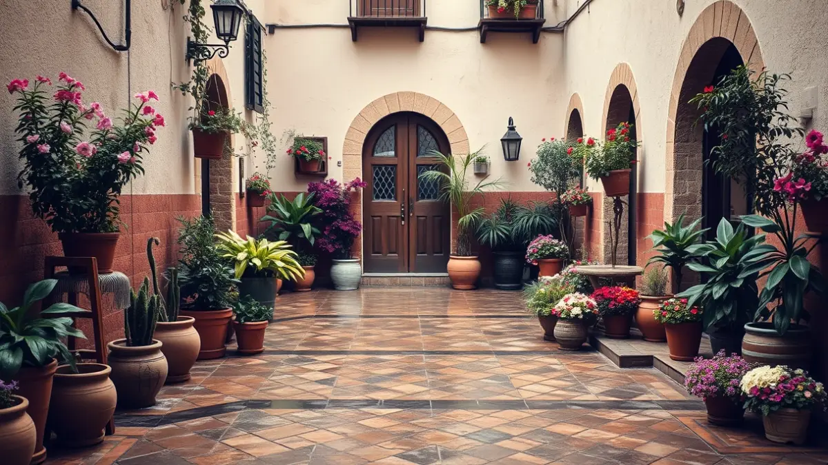 Imagen de un patio cordobés con plantas y suelo mojado por la lluvia.