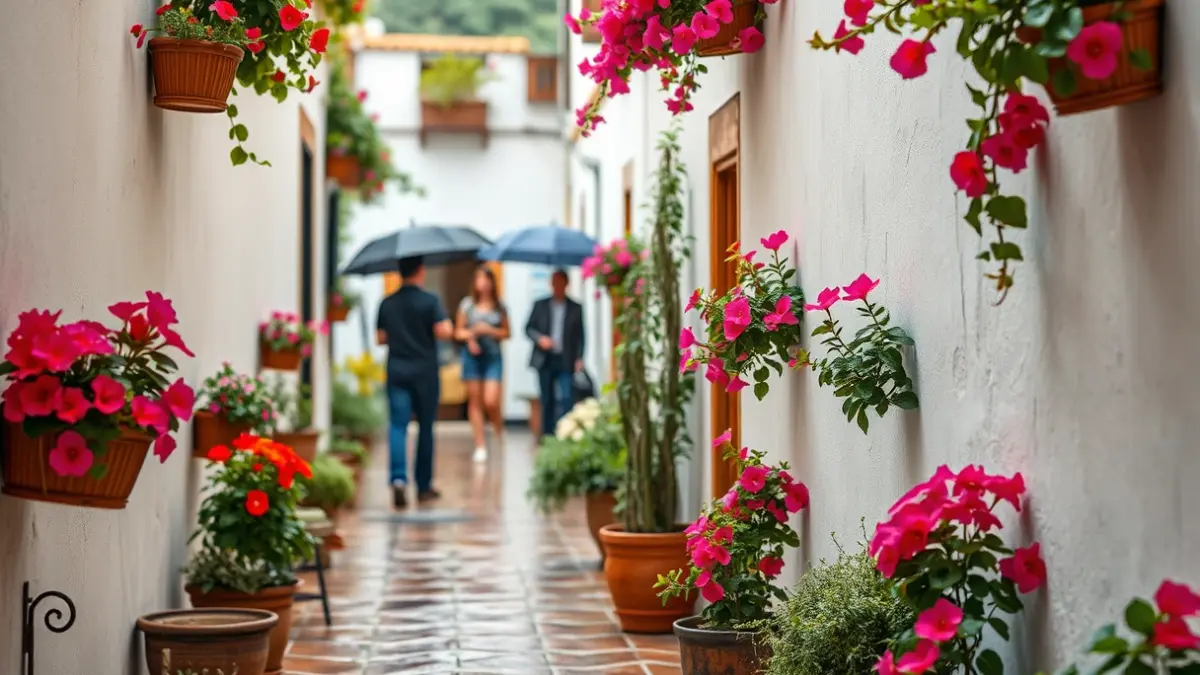 Image of a Cordoban patio with flowers and people with umbrellas in the rain.