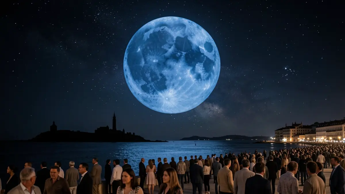 Imagen genérica de una luna azul en el cielo nocturno sobre la silueta de la costa andaluza.