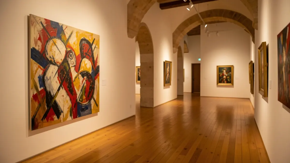 Interior of an exhibition hall with contemporary artworks.