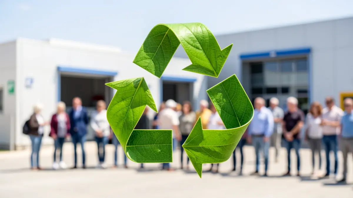 Símbolo de reciclaje hecho de hojas verdes con una moderna planta de gestión de residuos al fondo.