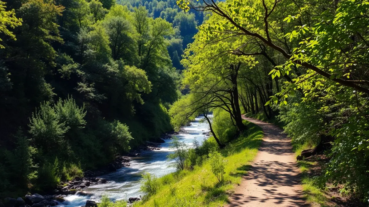 Imagen genérica de una ruta de senderismo junto a un río en un bosque.