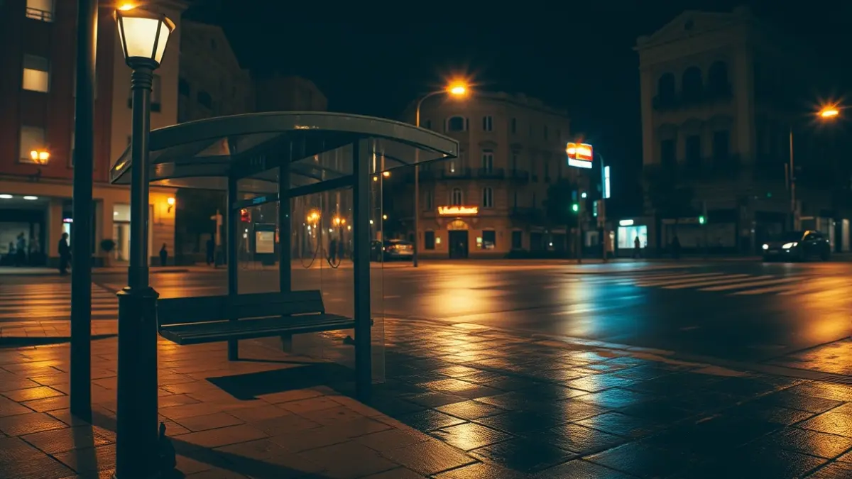 Generic image of an empty bus stop at night in a Mediterranean city.