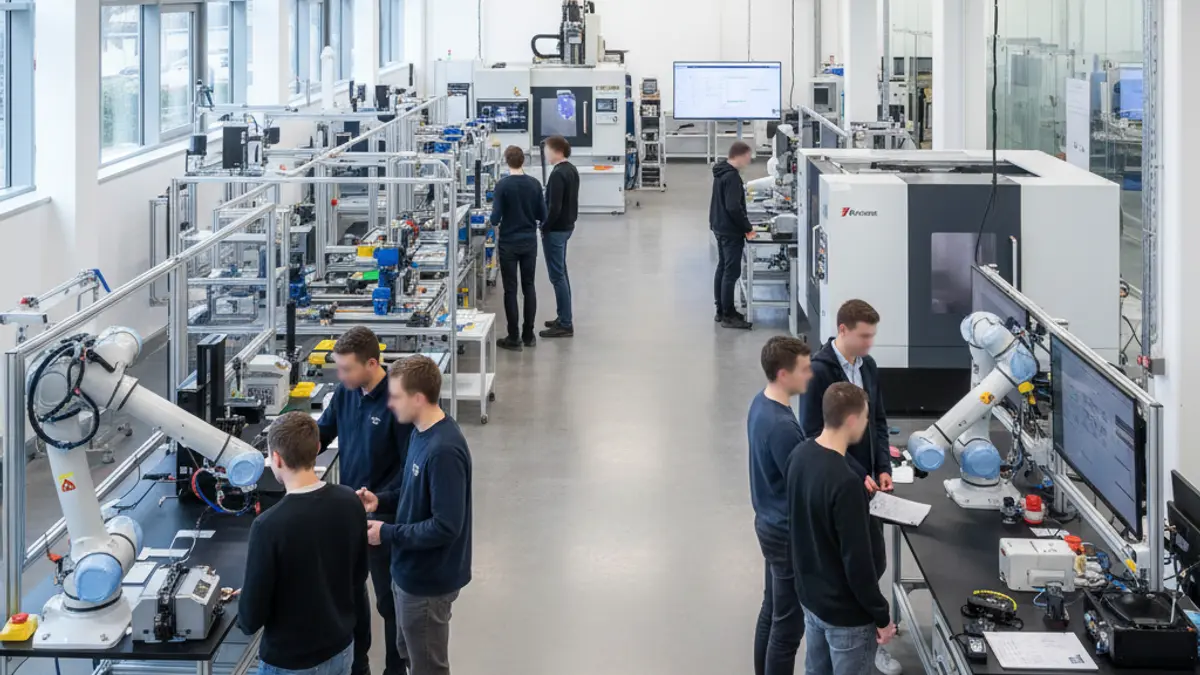 Image of a vocational training center with advanced machinery and students.