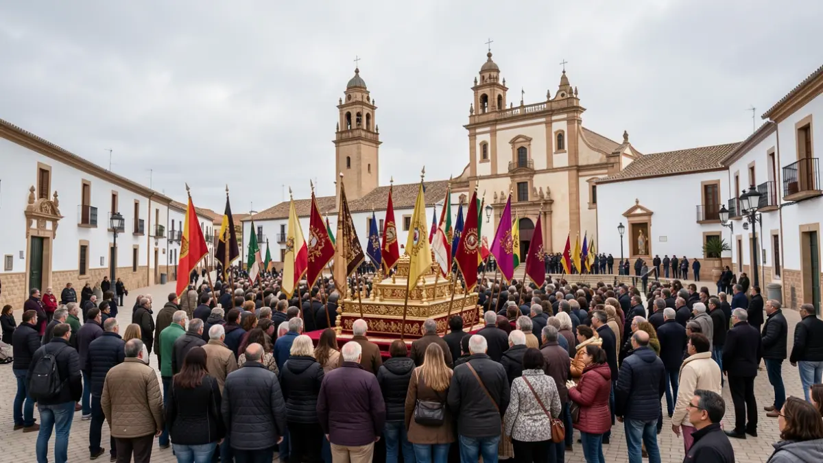 Imagen de la misa de Pentecostés en El Rocío, Huelva, con un gran altar y banderas.