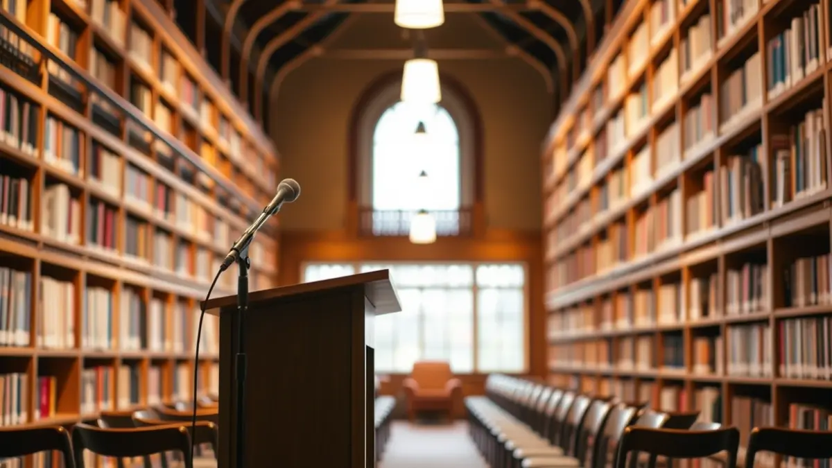 Imagen genérica de una sala de presentación o biblioteca, con un micrófono y sillas vacías.
