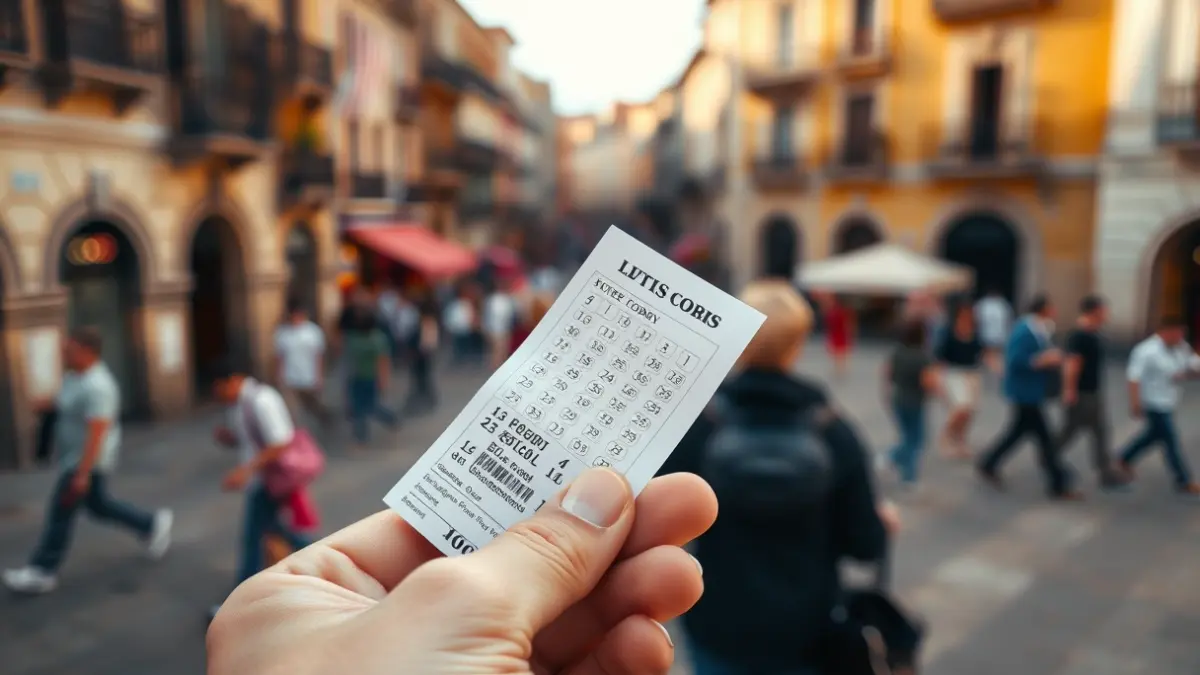 Imagen genérica de una mano sosteniendo un cupón de lotería en un entorno urbano.