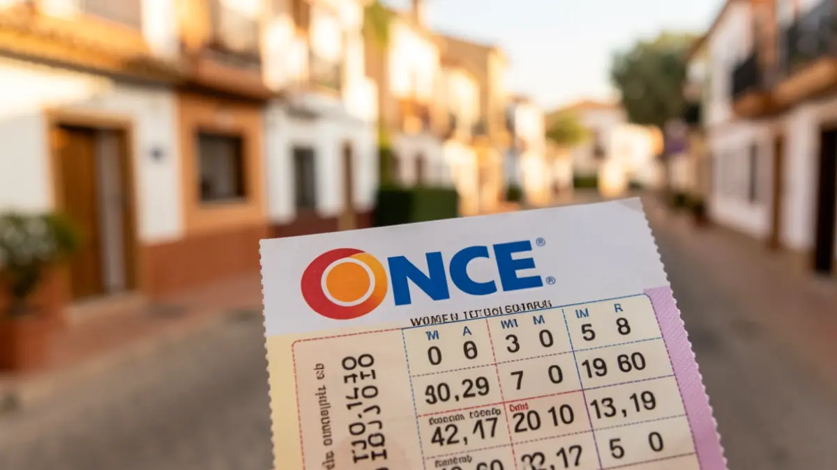Generic image of an ONCE lottery ticket with winning numbers and an Andalusian urban background.