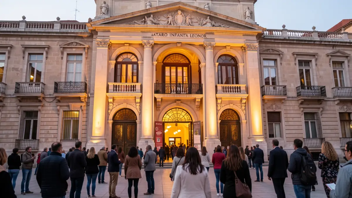 Facade of the Teatro Infanta Leonor in Jaén, illuminated for a cultural event.
