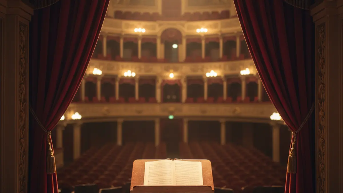 Generic image of a lyric theater stage with red curtains and orchestra.