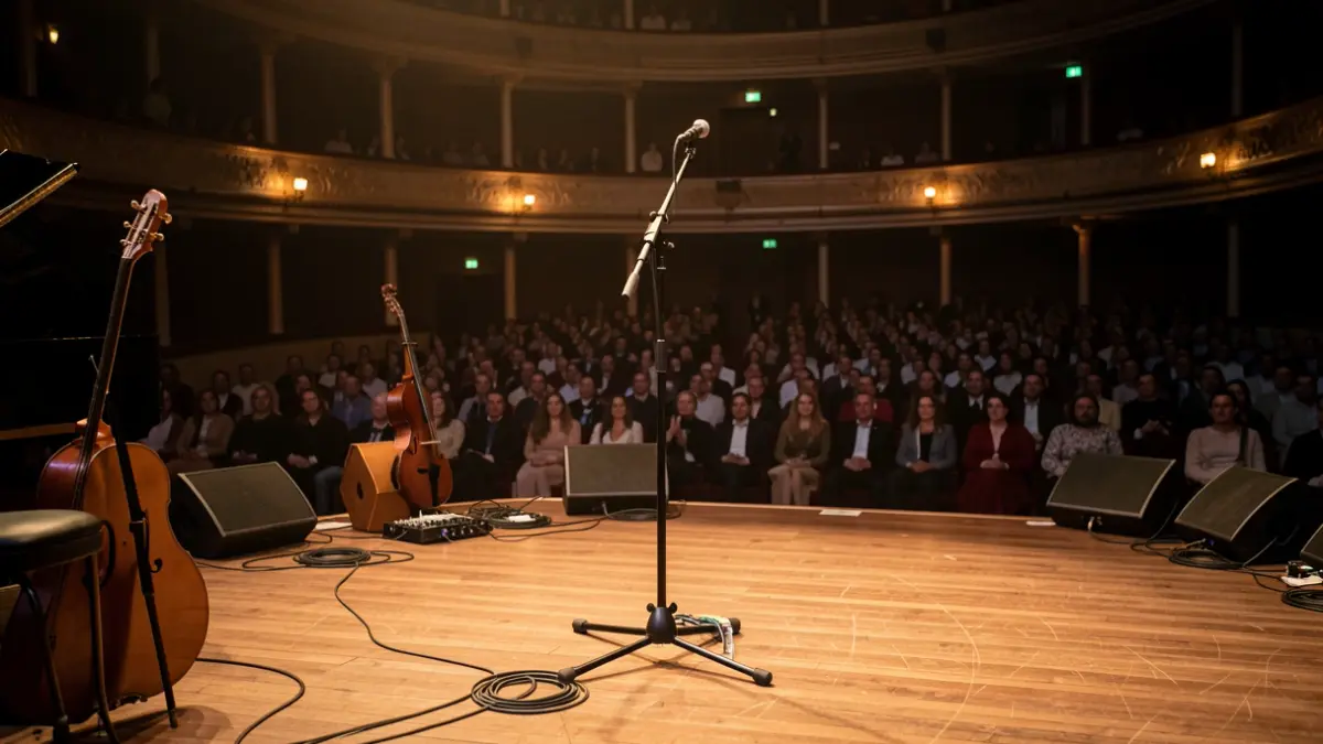 Empty concert hall stage in Madrid with a microphone.