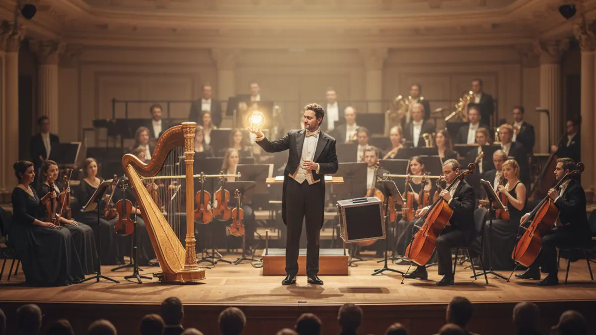 Image of a magician performing on a stage with an orchestra in the background, creating a magical atmosphere.