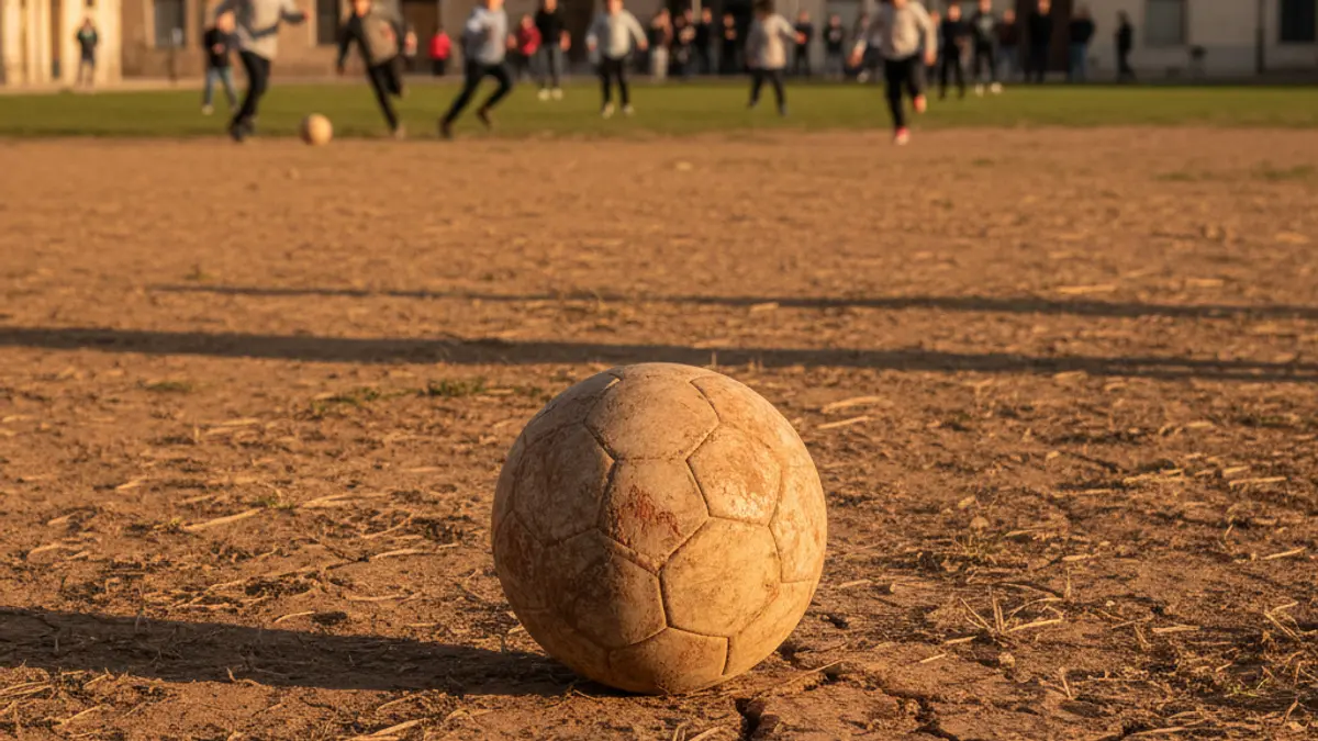 Image of a soccer ball on a dirt field, with children playing in the background.