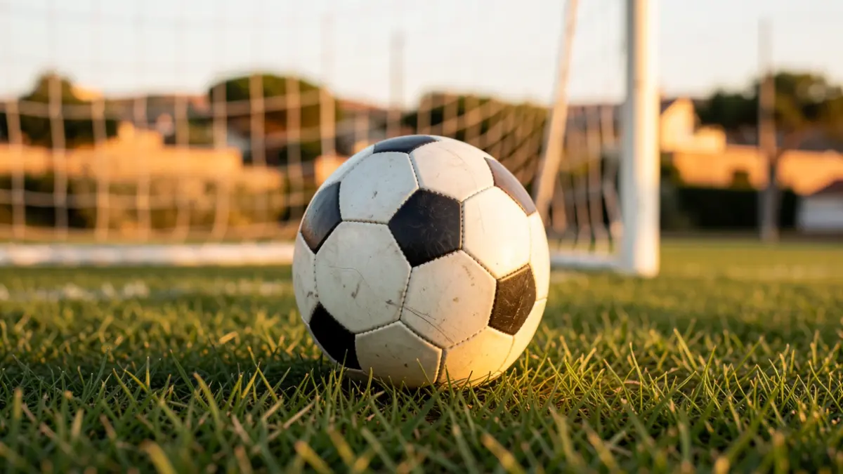 Imagen genérica de un balón de fútbol sobre césped con la portería desenfocada.