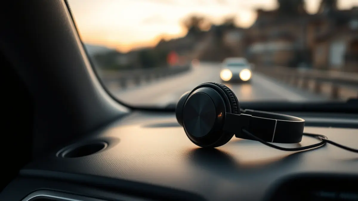 Imagen genérica de unos auriculares inalámbricos en el salpicadero de un coche.