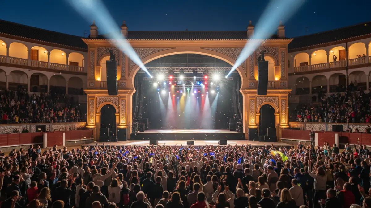 Image of a concert stage in a bullring, with bright lights and a festive atmosphere.