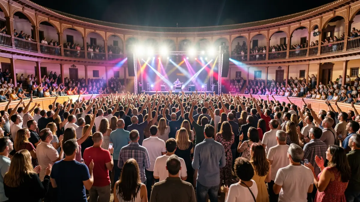 Generic image of a crowd at a night concert in an Andalusian bullring.