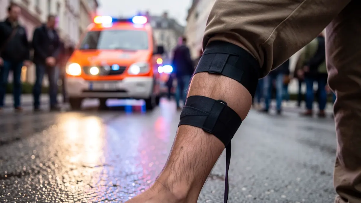 Imagen de un torniquete de emergencia aplicado en una pierna, con luces de policía borrosas al fondo.